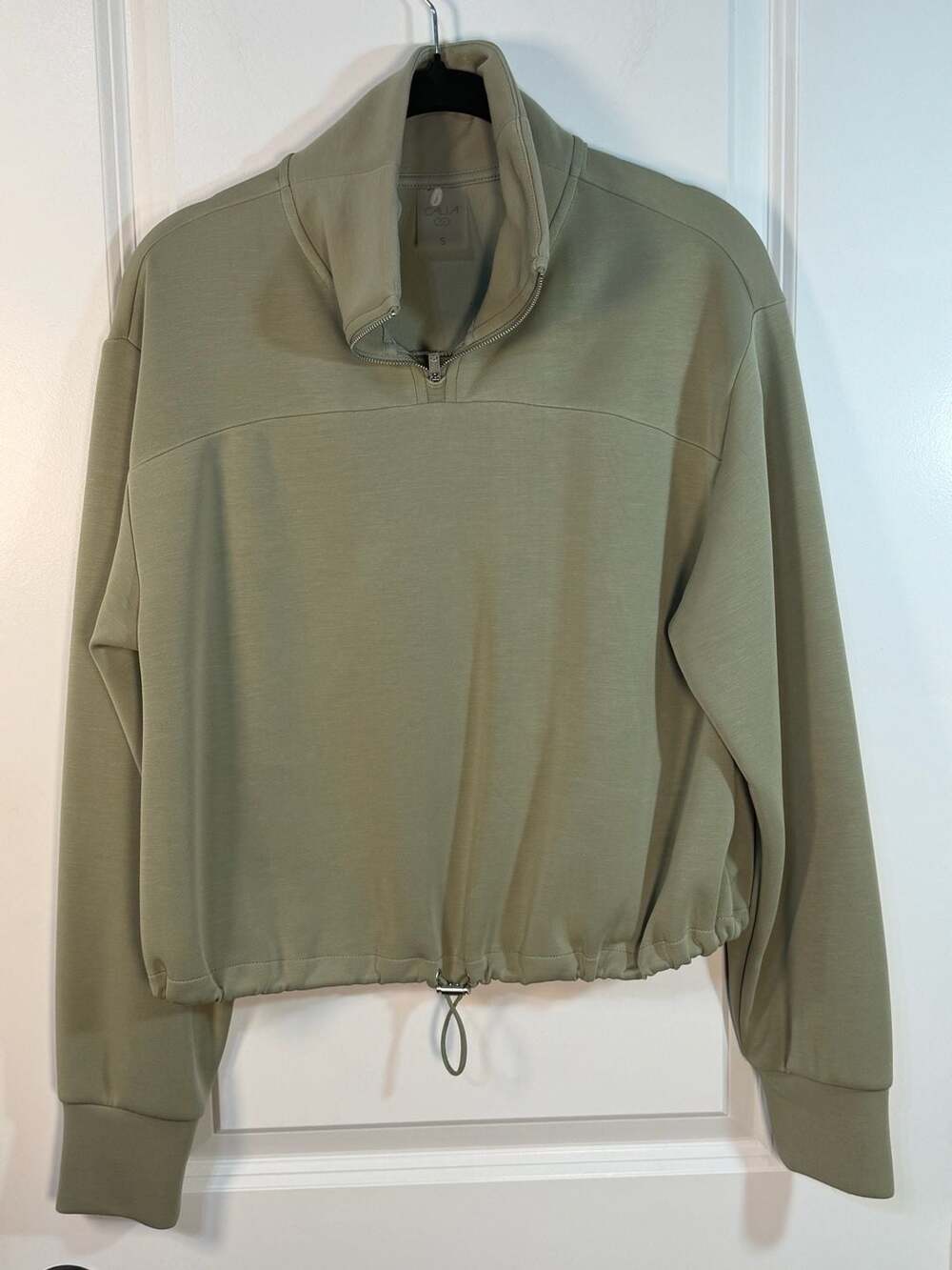 CALIA Women's Soft Scuba Quarter Zip Cropped Sweatshirt with Bungee Hem Sage Gre